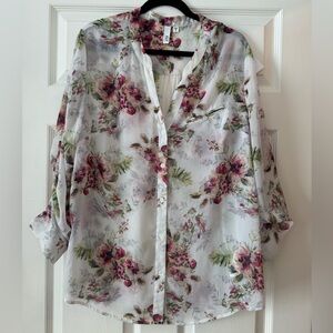 Kut from the Kloth Floral Button Down Shirt - White and Pink
